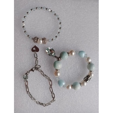 Сет из трех браслетов, размер 16-16,5, ларимар, керамика, жемчуг майорка, жемчуг Сваровски, кристаллы Сваровски