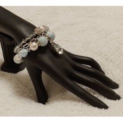 Сет из трех браслетов, размер 16-16,5, ларимар, керамика, жемчуг майорка, жемчуг Сваровски, кристаллы Сваровски