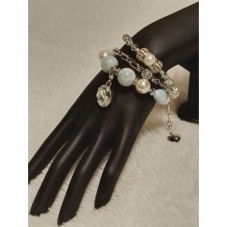 Сет из трех браслетов, размер 16-16,5, ларимар, керамика, жемчуг майорка, жемчуг Сваровски, кристаллы Сваровски