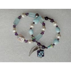 Сет браслетов на спандексе, размер 17, аквамарин, аметист, жемчуг майорка, барочный жемчуг, керамика, лэмпворк