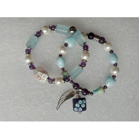 Сет браслетов на спандексе, размер 17, аквамарин, аметист, жемчуг майорка, барочный жемчуг, керамика, лэмпворк