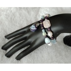 Сет браслетов на спандексе, размер 17, аквамарин, аметист, жемчуг майорка, барочный жемчуг, керамика, лэмпворк