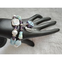 Сет браслетов на спандексе, размер 17, аквамарин, аметист, жемчуг майорка, барочный жемчуг, керамика, лэмпворк