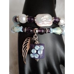 Сет браслетов на спандексе, размер 17, аквамарин, аметист, жемчуг майорка, барочный жемчуг, керамика, лэмпворк