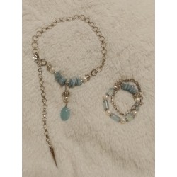 Браслет на спандексе и с цепочкой, размер 16-16,5 аквамарин, жемчуг майорка