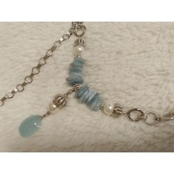 Браслет на спандексе и с цепочкой, размер 16-16,5 аквамарин, жемчуг майорка