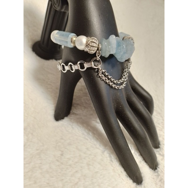 Браслет на спандексе и с цепочкой, размер 16-16,5 аквамарин, жемчуг майорка