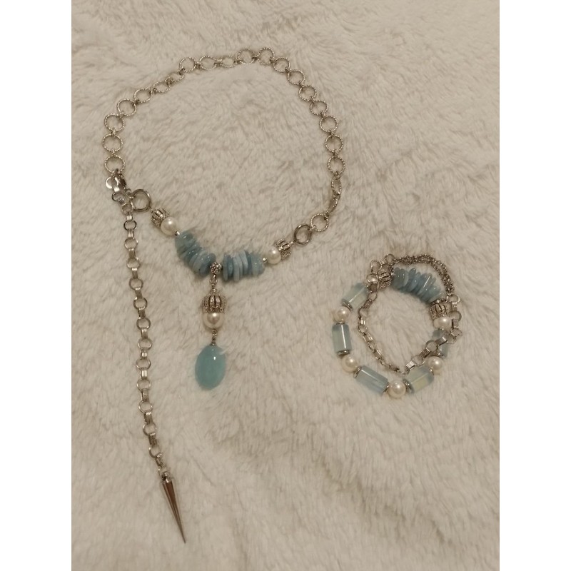 Браслет на спандексе и с цепочкой, размер 16-16,5 + колье, аквамарин, жемчуг майорка