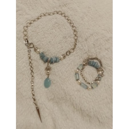 Браслет на спандексе и с цепочкой, размер 16-16,5 + колье, аквамарин, жемчуг майорка