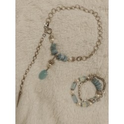 Браслет на спандексе и с цепочкой, размер 16-16,5 + колье, аквамарин, жемчуг майорка