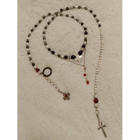 Сотуар магнезит, турмалин в кварце, чёрный агат, чешские стеклянные бусины, кристалл Сваровски