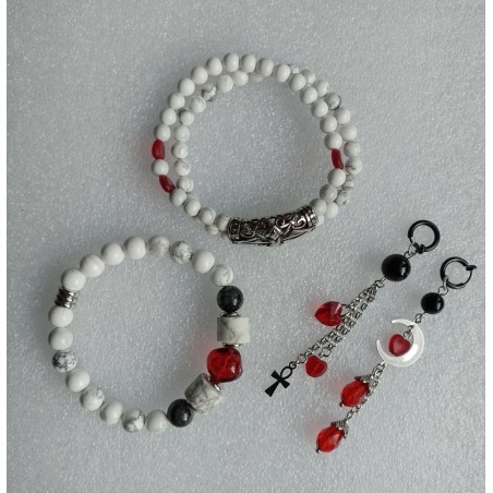 Ассиметричные серьги , магнезит, турмалин в кварце, чёрный агат, чешские стеклянные бусины, кристалл Сваровски