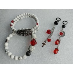 Ассиметричные серьги , магнезит, турмалин в кварце, чёрный агат, чешские стеклянные бусины, кристалл Сваровски