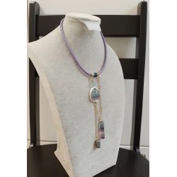 Колье, плетёный кожный шнур 5мм, флюорит, кварц в титане, перламутр, бусина Сваровски