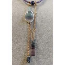 Колье, плетёный кожный шнур 5мм, флюорит, кварц в титане, перламутр, бусина Сваровски