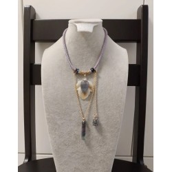 Колье, плетёный кожный шнур 5мм, флюорит, кварц в титане, оникс, бусины Сваровски