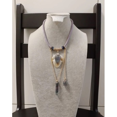 Колье, плетёный кожный шнур 5мм, флюорит, кварц в титане, оникс, бусины Сваровски