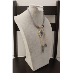 Колье, плетёный кожный шнур 5мм, флюорит, кварц в титане, оникс, бусины Сваровски