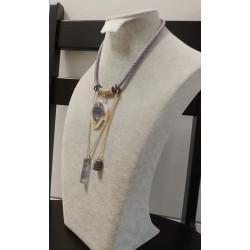 Колье, плетёный кожный шнур 5мм, флюорит, кварц в титане, оникс, бусины Сваровски