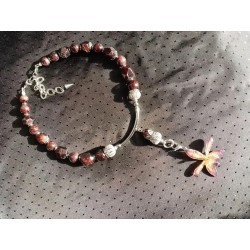 Колье чокер с двумя съемными подвесками, гранат, японский лэмпворк, настоящая орхидея в эпоксидной смоле